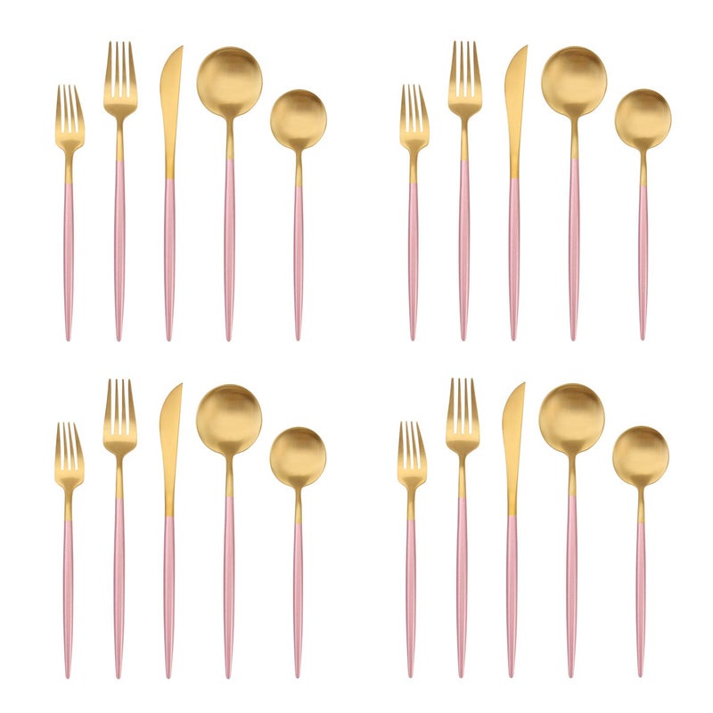 Bysta Matte Gold Silverware Set with pink handle, Bysta 20-Piece Stainless Steel Flatware Set, Kitchen Utensil Set Service for 4, Tableware Cutlery Set for Home and Restaurant, Satin Finish, Dishwasher Safe - Image 1